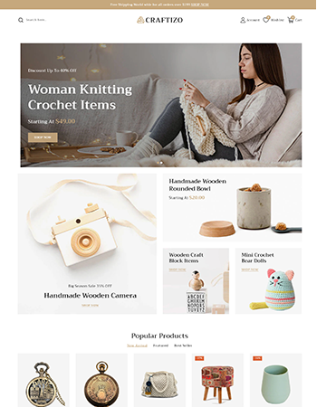 手工艺品，包括钩针编织物品、木制工艺品、复古怀表、家居装饰还有一些适合作为礼物的手作产品