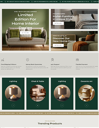 沙发、灯具、桌椅、陶瓷艺术品等家居内饰产品，涵盖家具与装饰