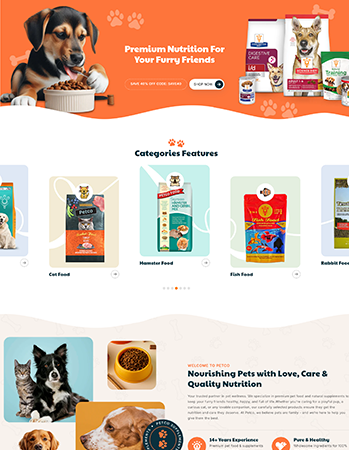 宠物食品及相关产品，涵盖猫粮、仓鼠粮、鱼粮、狗粮等。