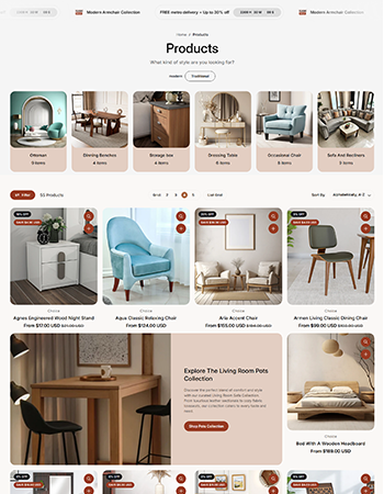 电商页面，售卖边柜、椅子、沙发等家具产品